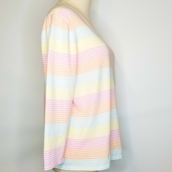 Neiman Marcus Pastel Stripe Longsleeve V-neck Cotton Blend Pullover Top, XL - Picture 3 of 8